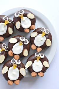 How cute! Penguin chocolate-frosted mini donuts. Gluten free vegan too!