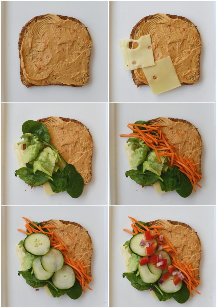 A how to photo tutorial on how to assemble hummus and veggie sandwich tacos
