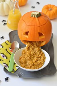 Watch with enjoyment while your guests and loved ones nearly toss their own cookies as they eat their Barfing Pumpkin Oatmeal breakfast this Halloween.