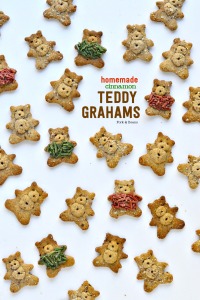 Grain-Free Cinnamon Teddy Grahams with fuzzy sweaters made from homemade (healthier) sprinkles.