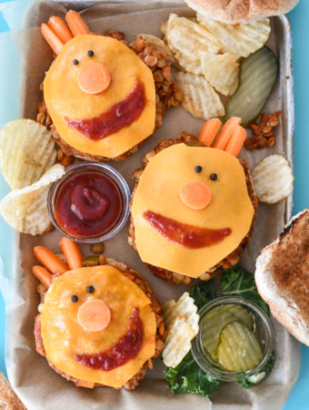A tray of 3 Lentil Sloppy Joes in the shape of Tobee from Super Simple Songs.